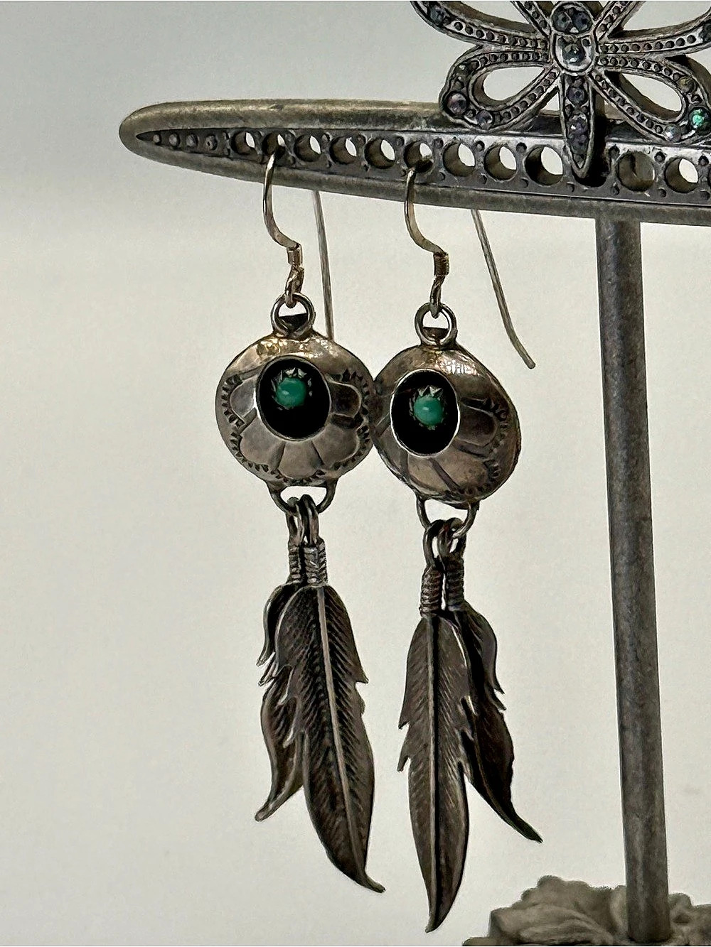 Sterling Silver Feather Earrings in Silver & Green